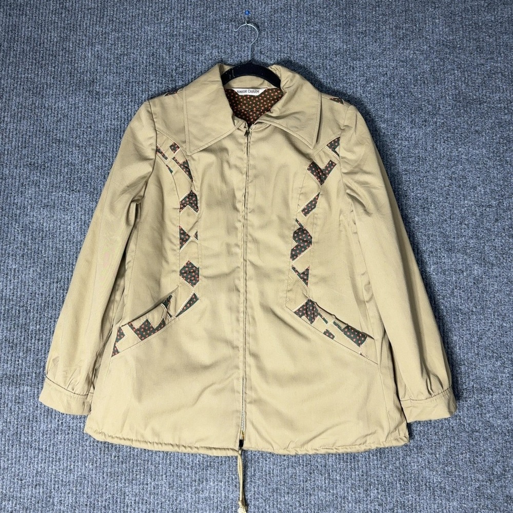 Vintage Junior Charm Quilted Floral Jacket Womens‎ L Tan Zip Front Retro 70s